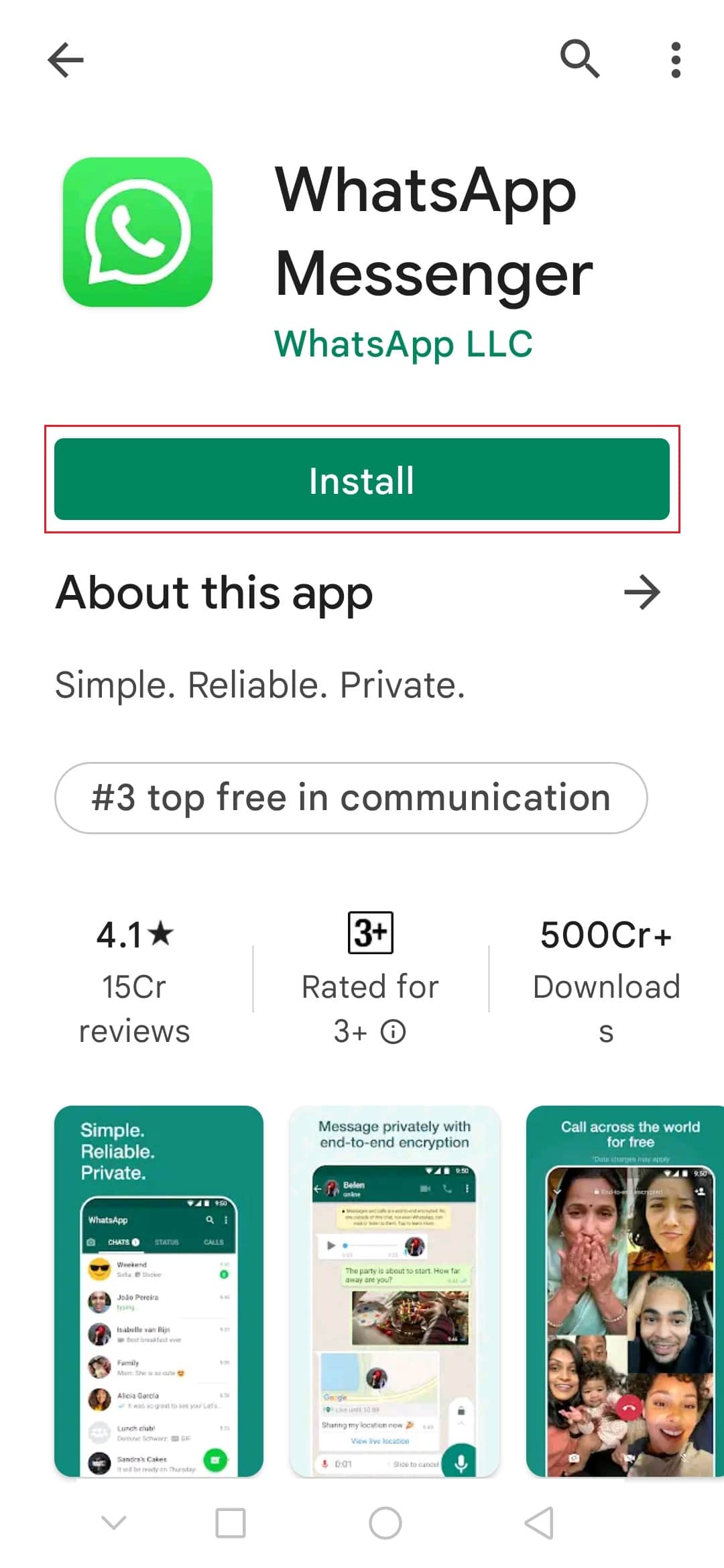 installer WhatsApp dans l'application Android de Google Play Store