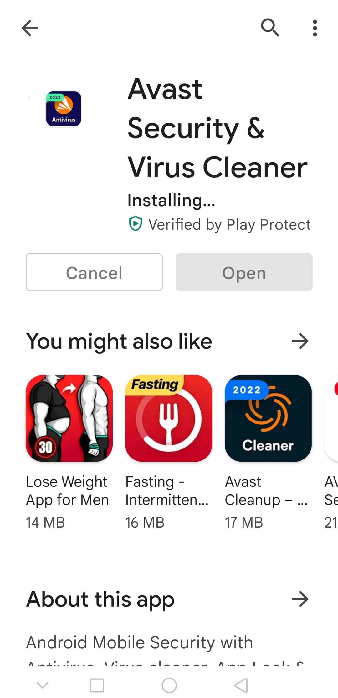 installazione dell'app Android Avast Security e Virus Cleaner