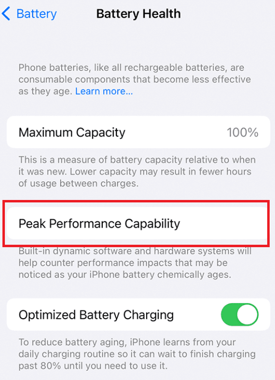 iOS battery setting page
