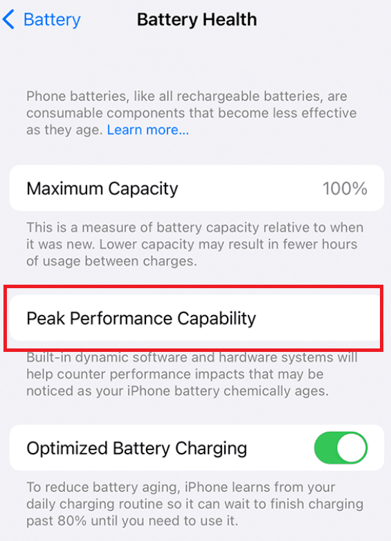 Page de configuration de la batterie iOS