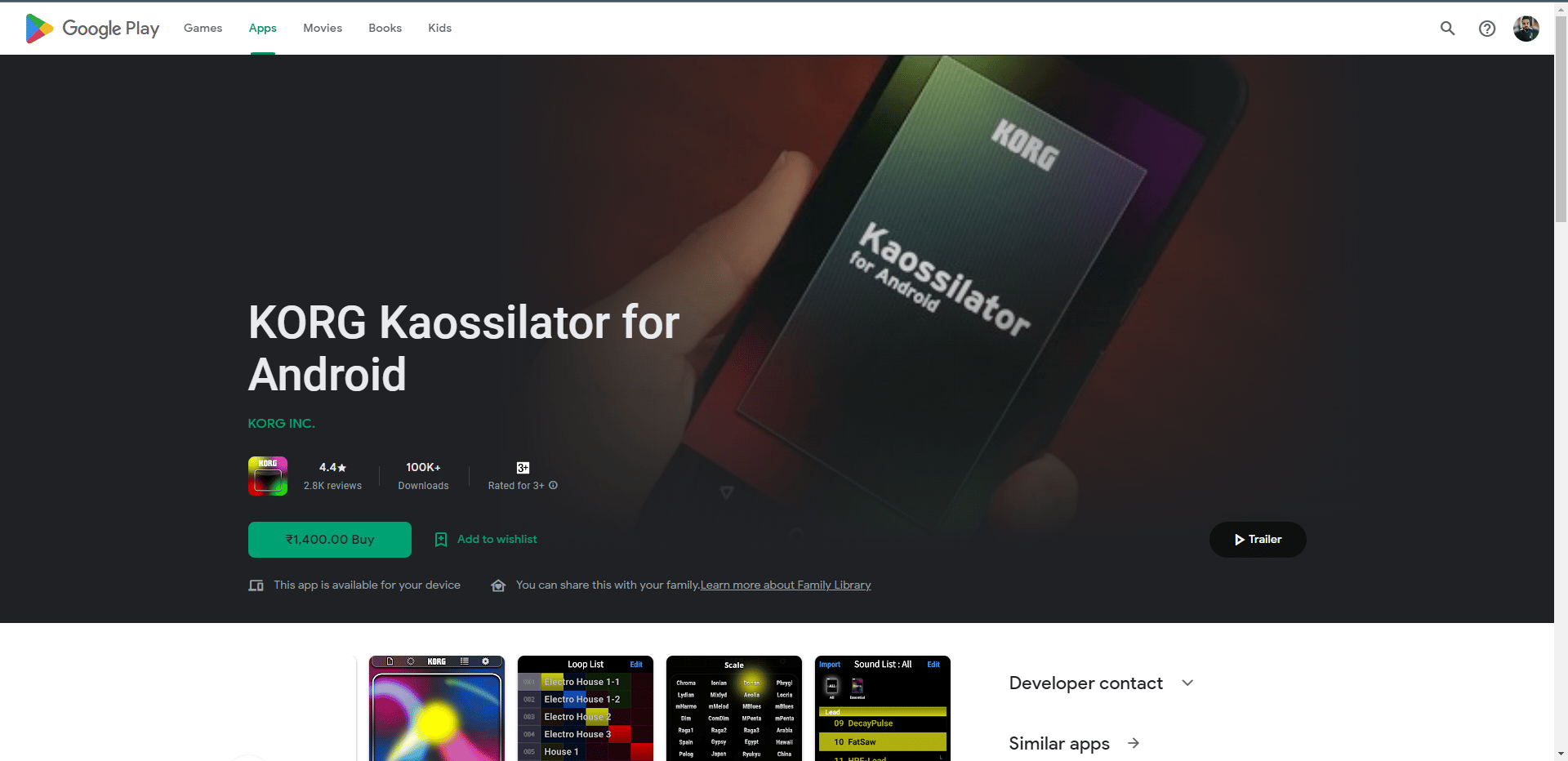 KORG Kaossilator Play Store webpage
