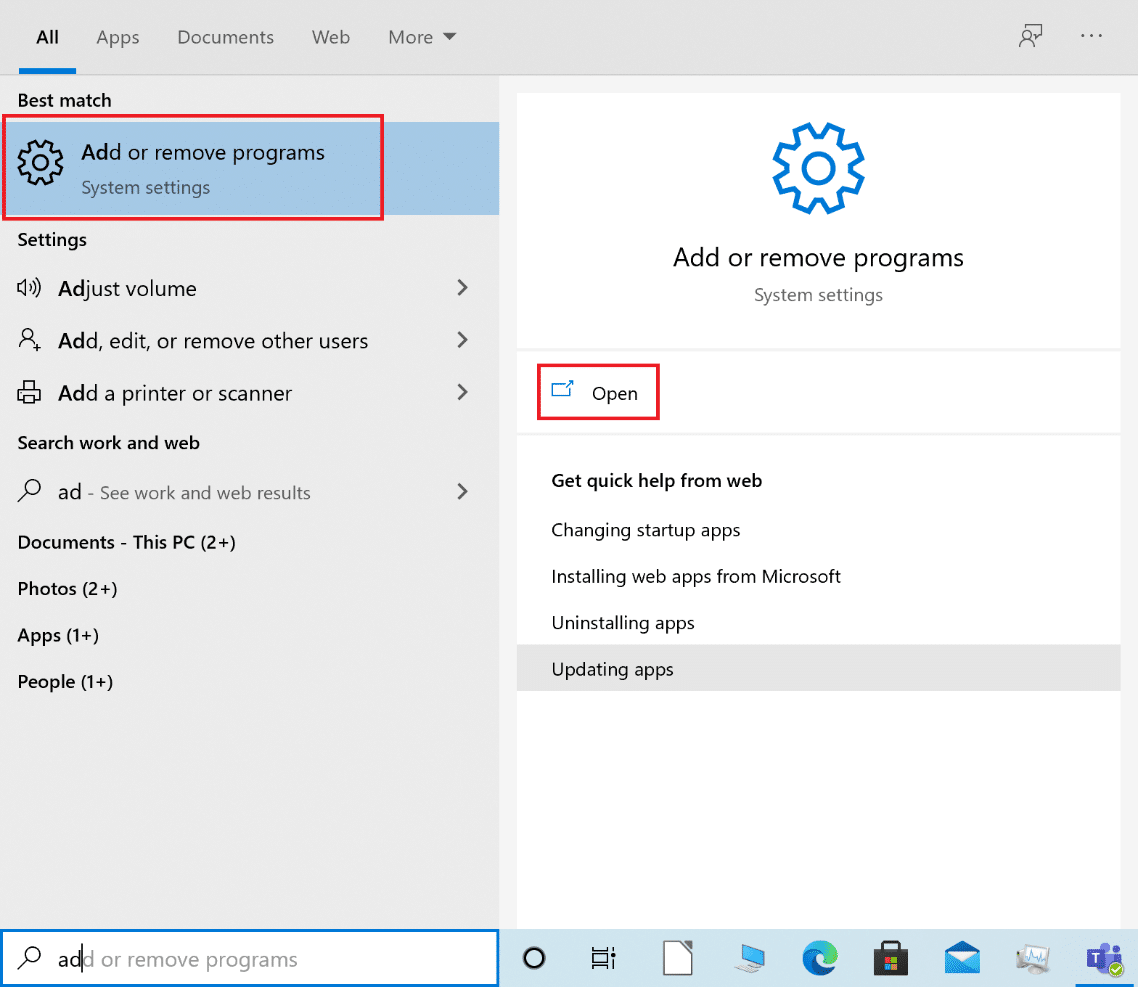 launch add or remove programs from windows search