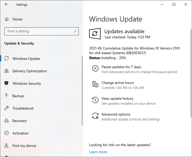 . Lascia che Windows cerchi eventuali aggiornamenti disponibili e li installi.