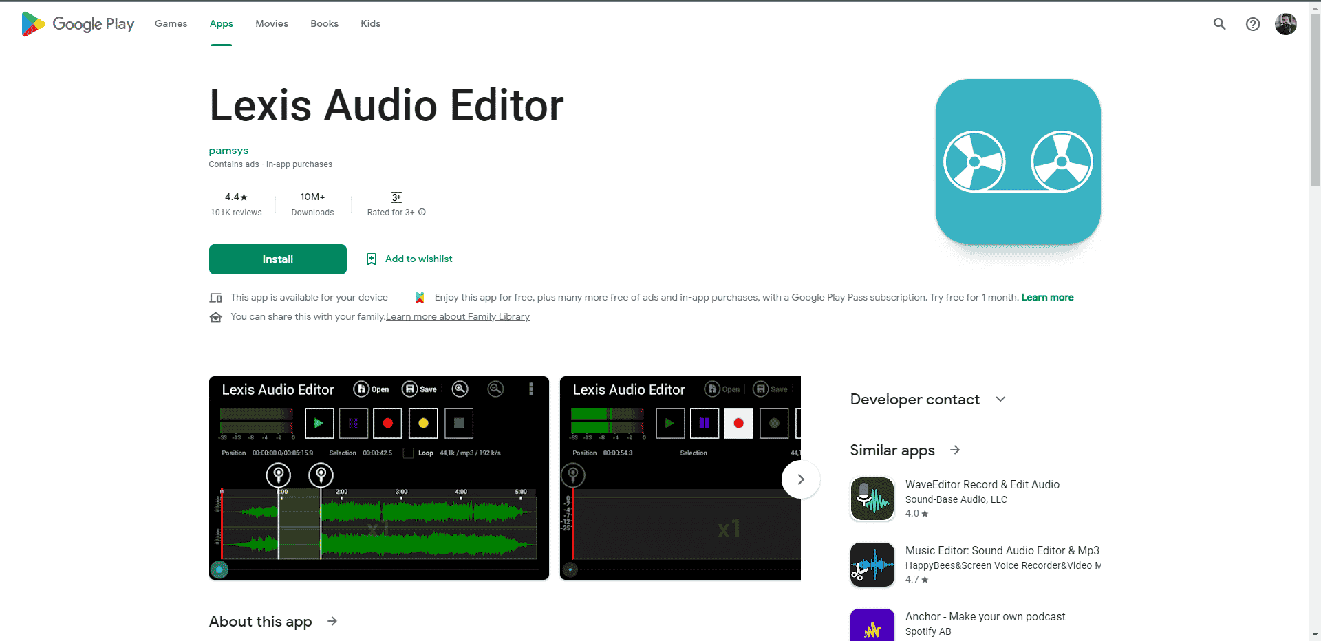 Lexis Audio Editor Play Store webpage. Best Free Audio Editing Apps for Android