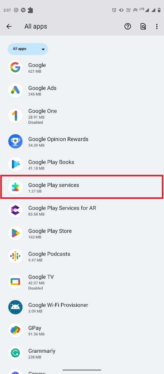 Locate and select Google Play Services