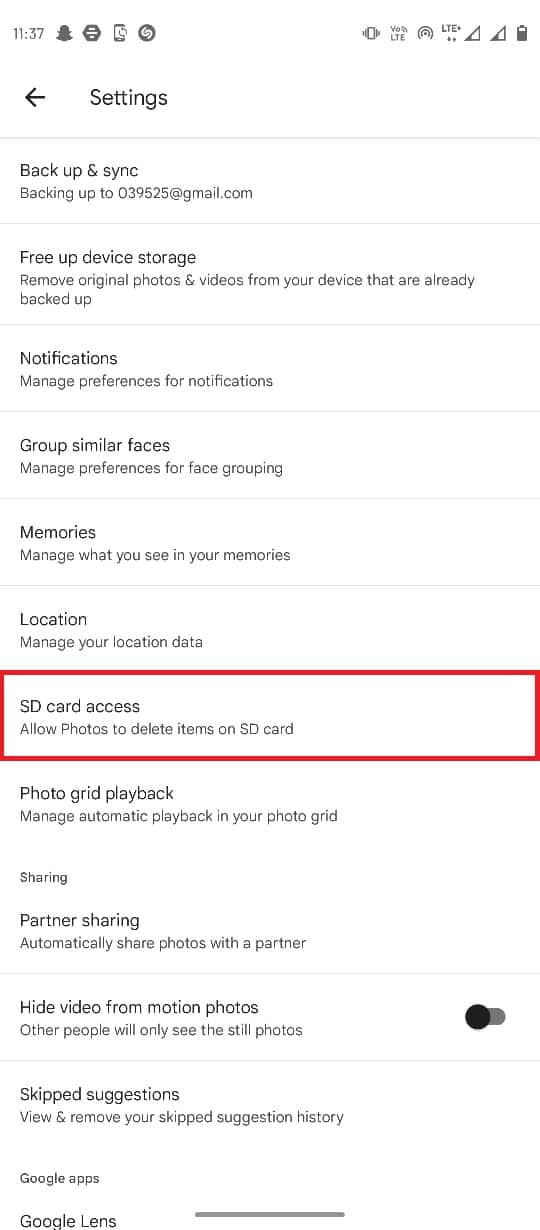 Locate and select SD Card access. Fix Google Photos Unable to Save Changes