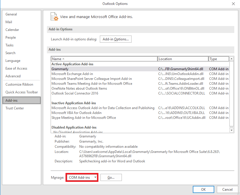 locate the Manage drop-down and select COM Add-ins. Fix Outlook AutoComplete Not Working Correctly