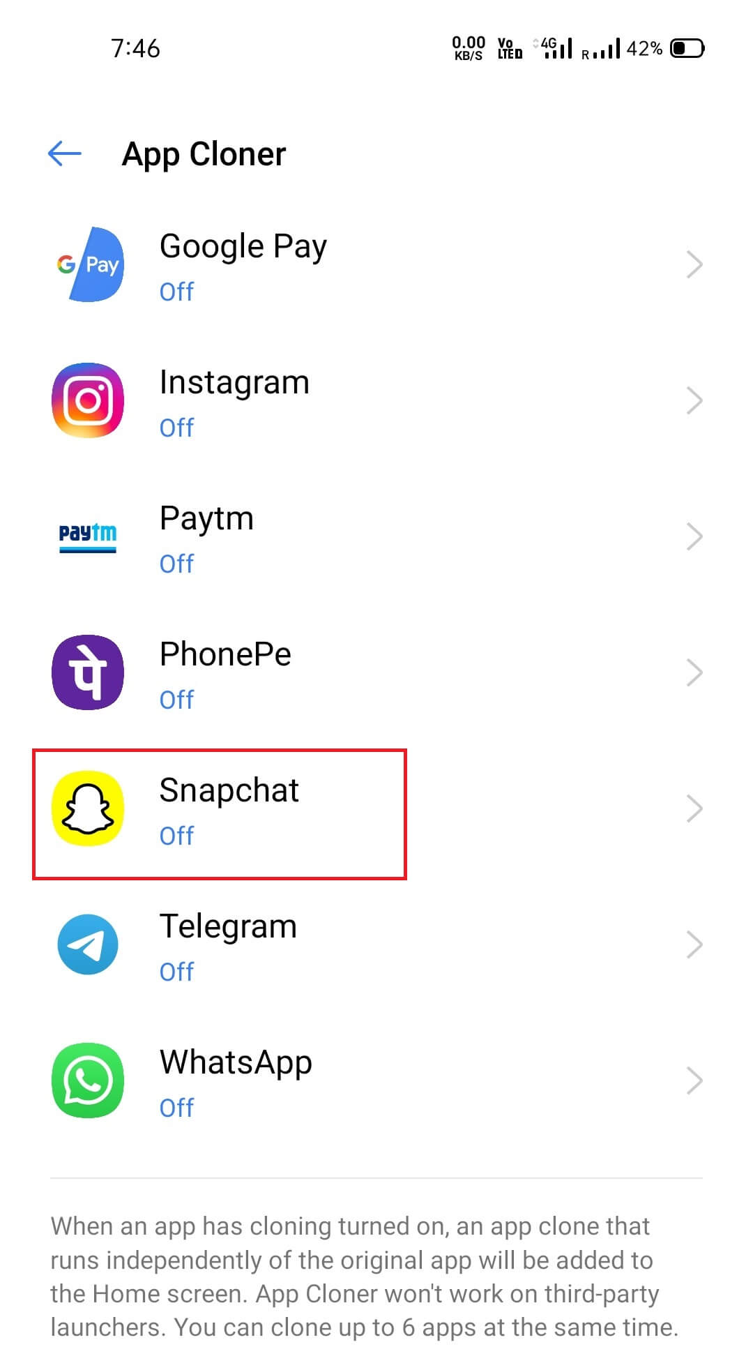 ຊອກຫາ Snapchat ໃນບັນຊີລາຍຊື່. ແຕະໃສ່ມັນເພື່ອ clone | ດໍາເນີນການສອງບັນຊີ Snapchat ໃນຫນຶ່ງ Android