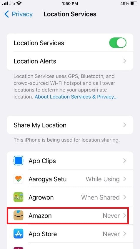 Look for the application you want to make the location service off. Here, Amazon is taken as an example