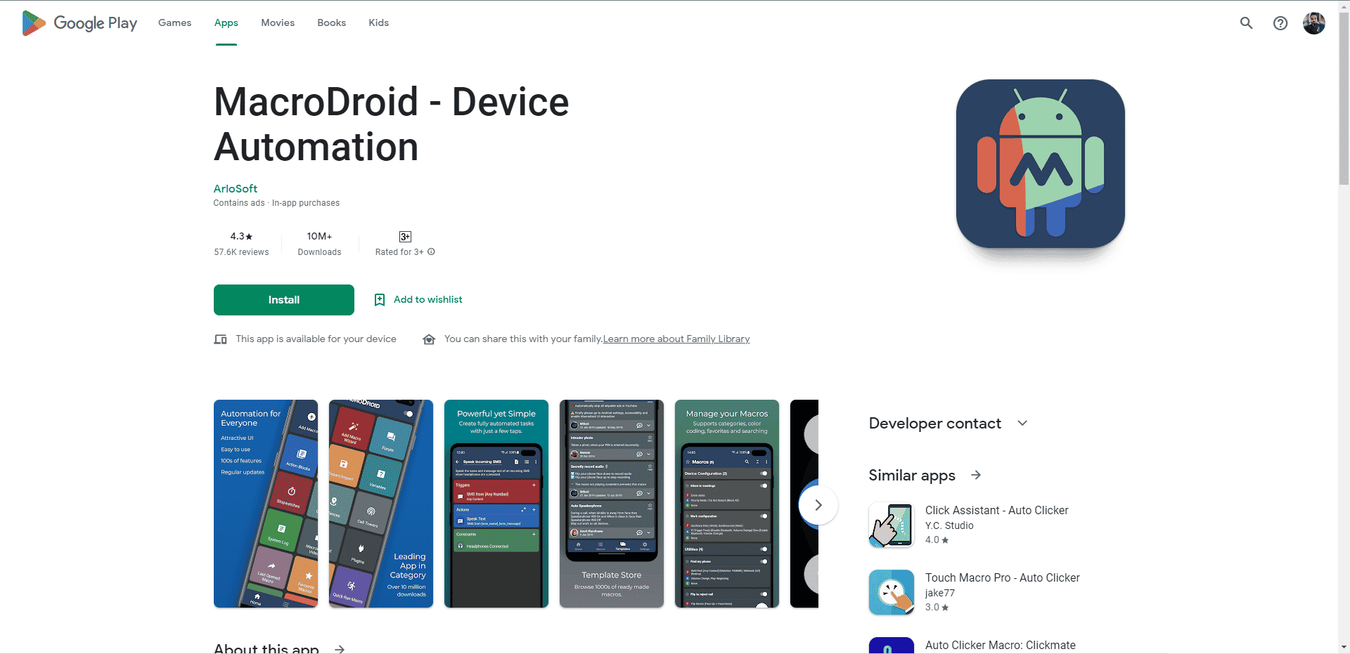 Веб-страница Macrodroid Play Store. Лучшие приложения-кликеры для игр для Android
