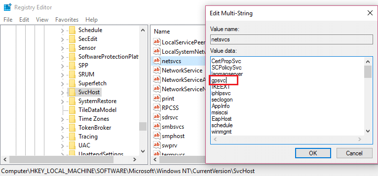 make sure gpsvc is present in net svcs if not add it manually