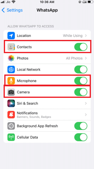 Make sure that the toggles adjacent to contacts, microphone, and camera are all set to green