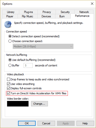 make sure to check mark Turn on DirectX Video Acceleration for WMV files