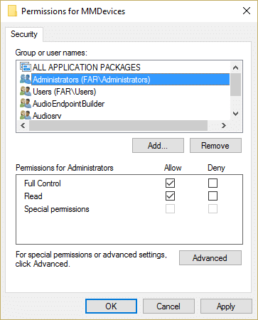 make sure to select Full Control for SYSTEM, Administrator, and the user