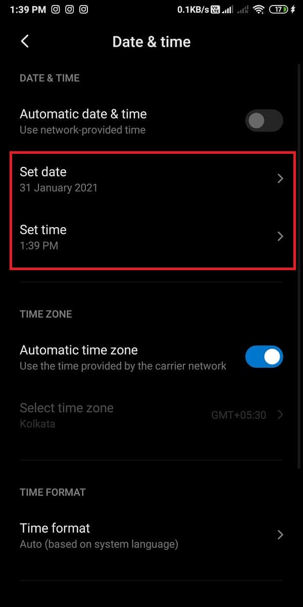 manually set the date and time by turning off the toggle.