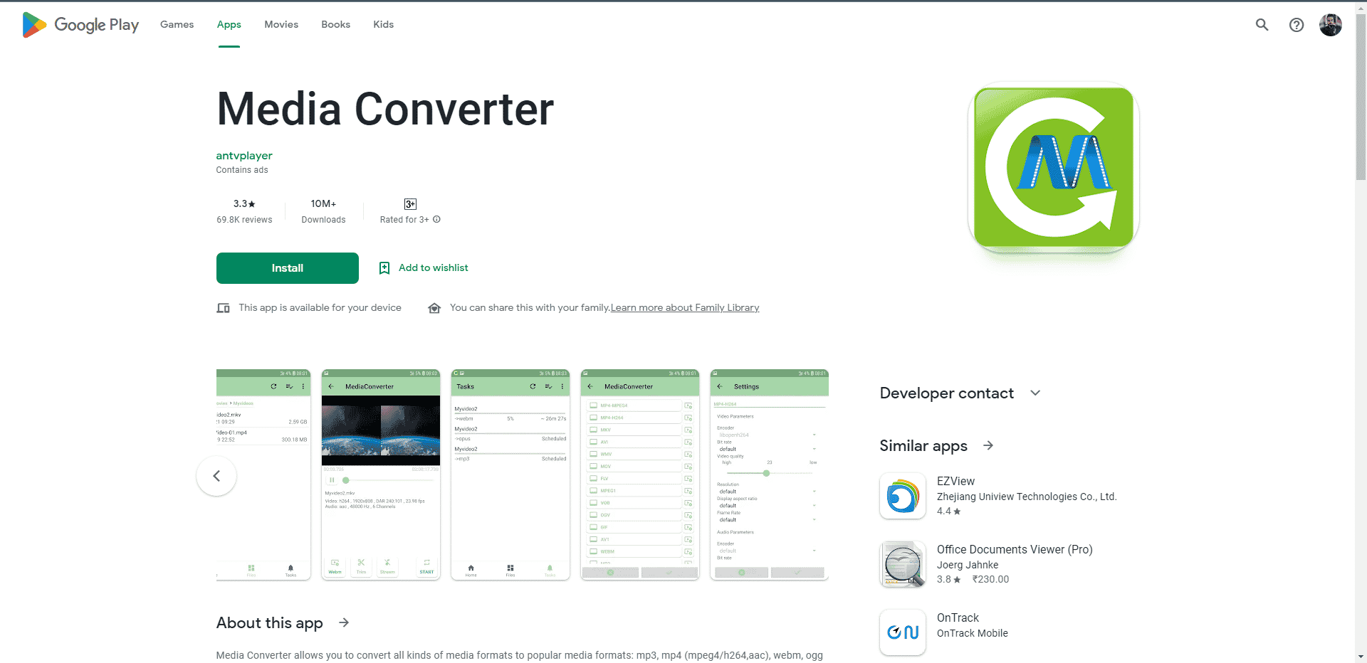 Media Converter Play Store webpage