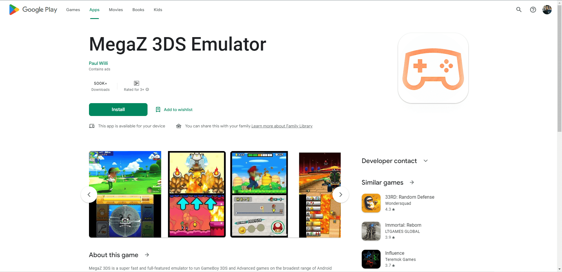หน้าเว็บ Play Store ของ MegaZ 3DS Emulator ดาวน์โหลด 3D Emulator ที่ดีที่สุดสำหรับ Android APK