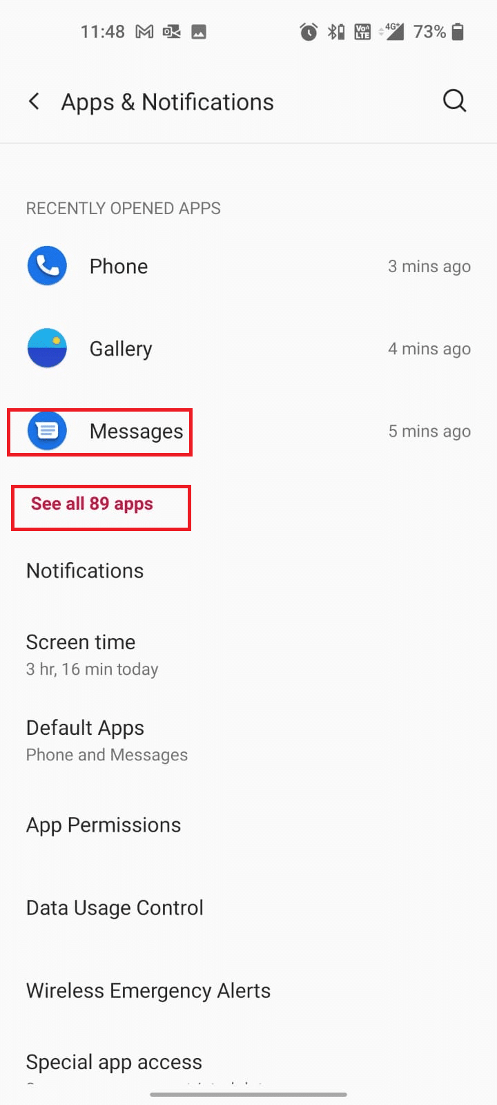 Messages app in RECENTLY OPENED APPS section