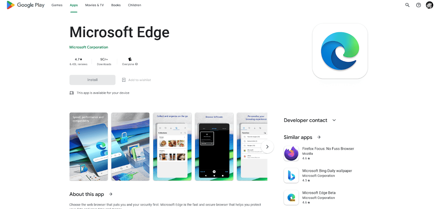 ไมโครซอฟต์ Edge เบราว์เซอร์ Play Store