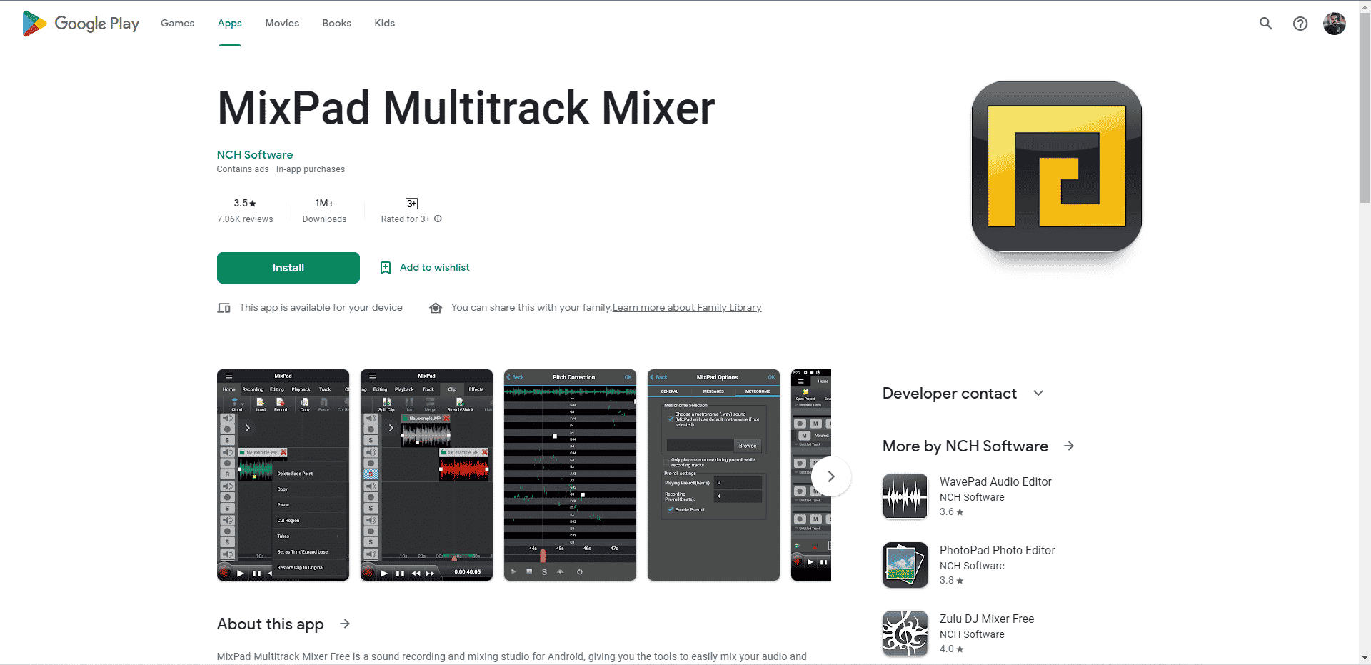 MixPad Multitrack Mixer Play Store webpage. Best Free Audio Editing Apps for Android