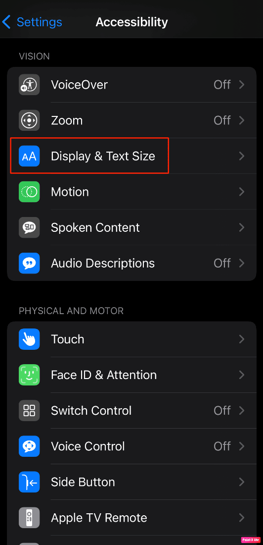 move to display and text size option on iphone