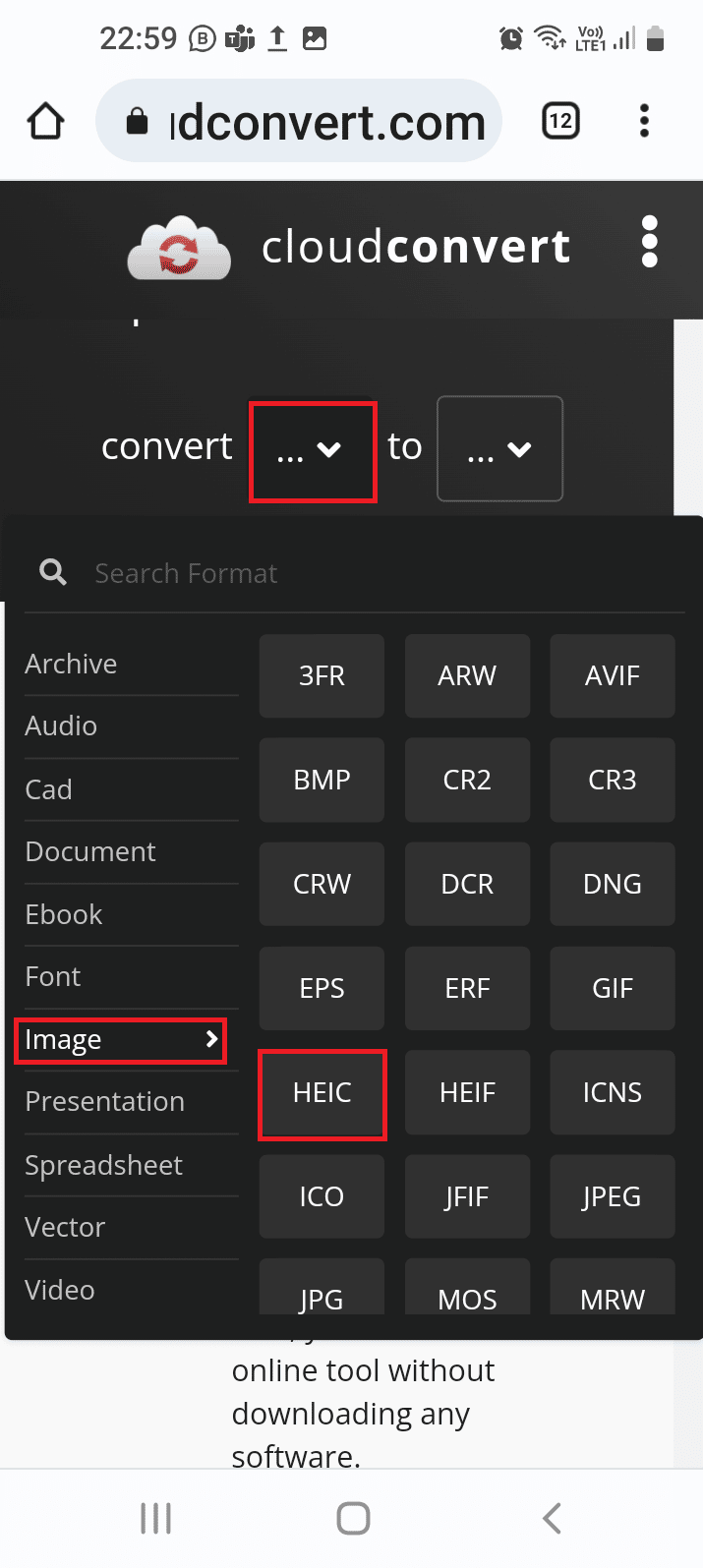 move to the Image tab and tap on the HEIC option