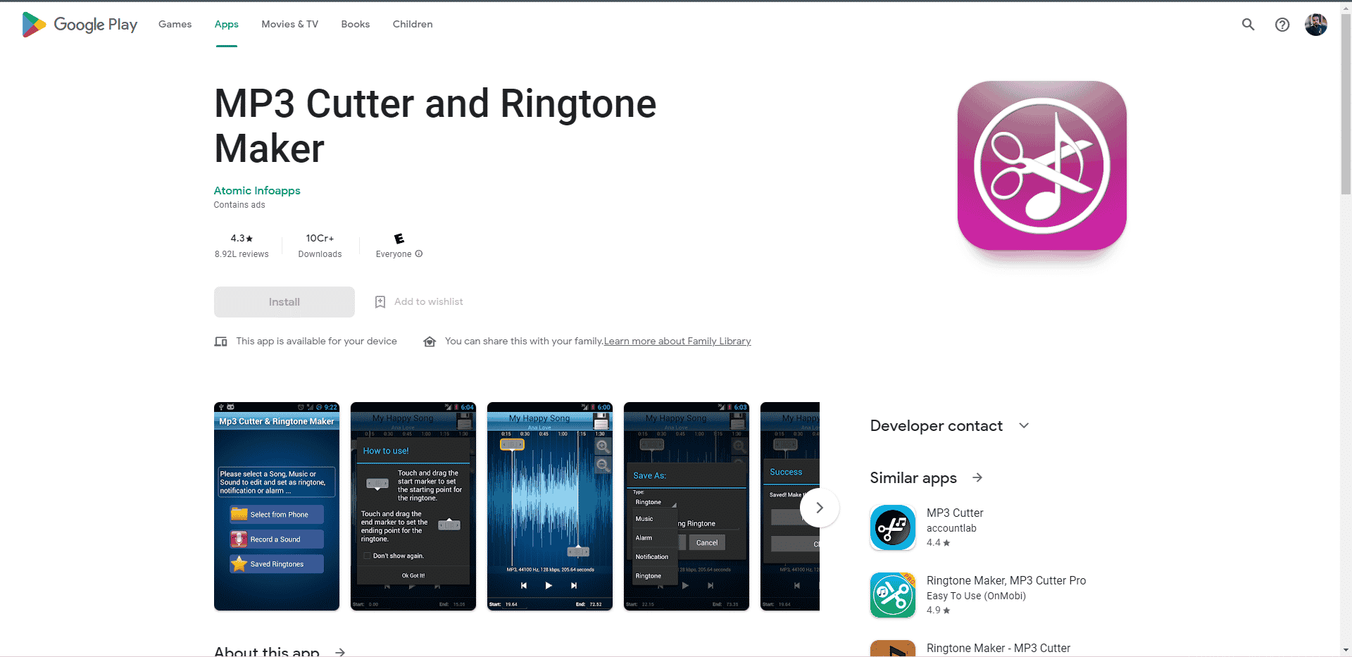 MP3 Cutter and Ringtone Maker Play Store webpage. Best Free Audio Editing Apps for Android