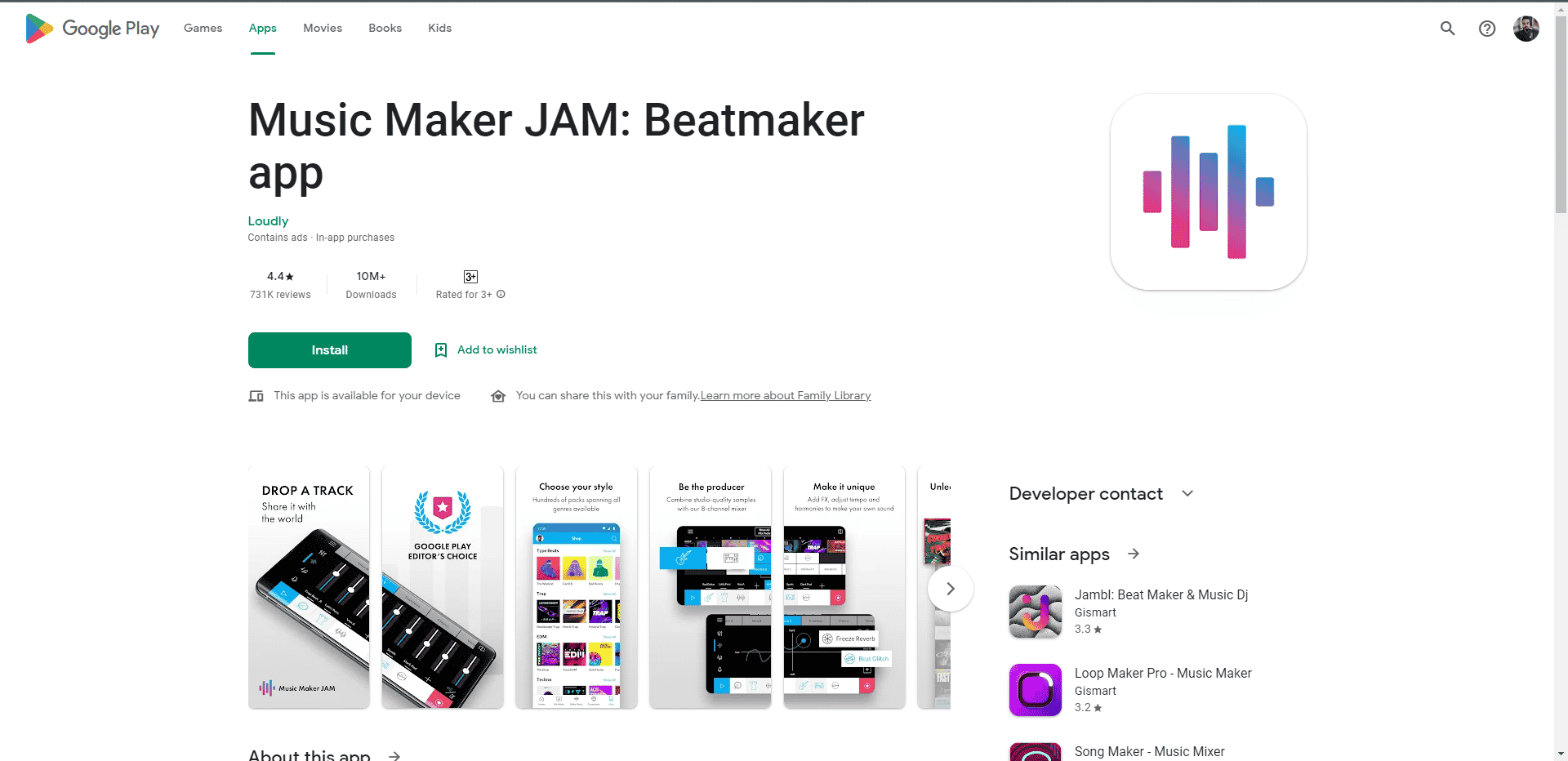 Music Maker Jam Play Store webpage. Best Free Audio Editing Apps for Android