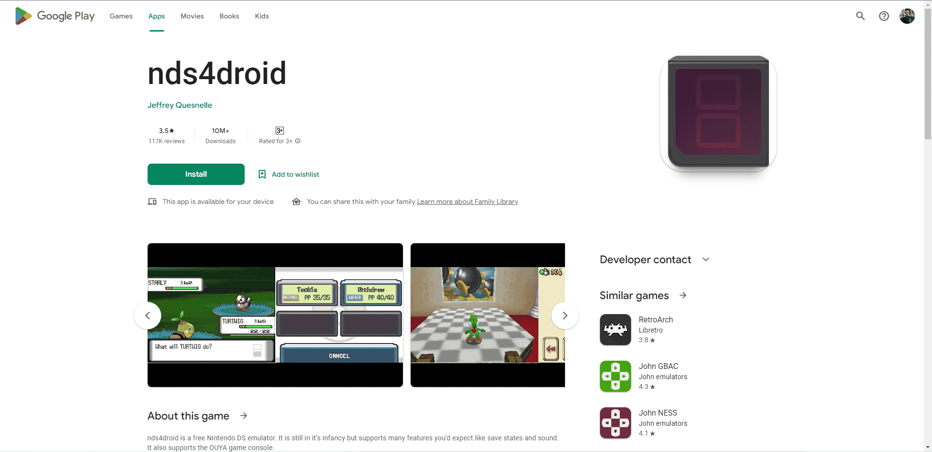 Página web de Play Store de nds4droid. Descargar el mejor emulador 3D para Android APK