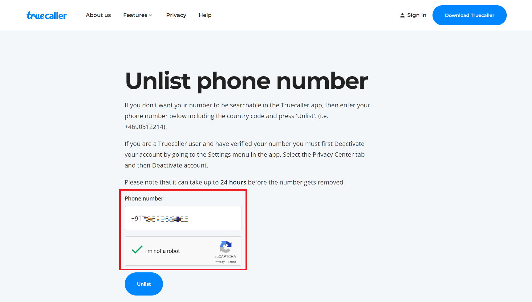enter number. how to unlist your number from Truecaller