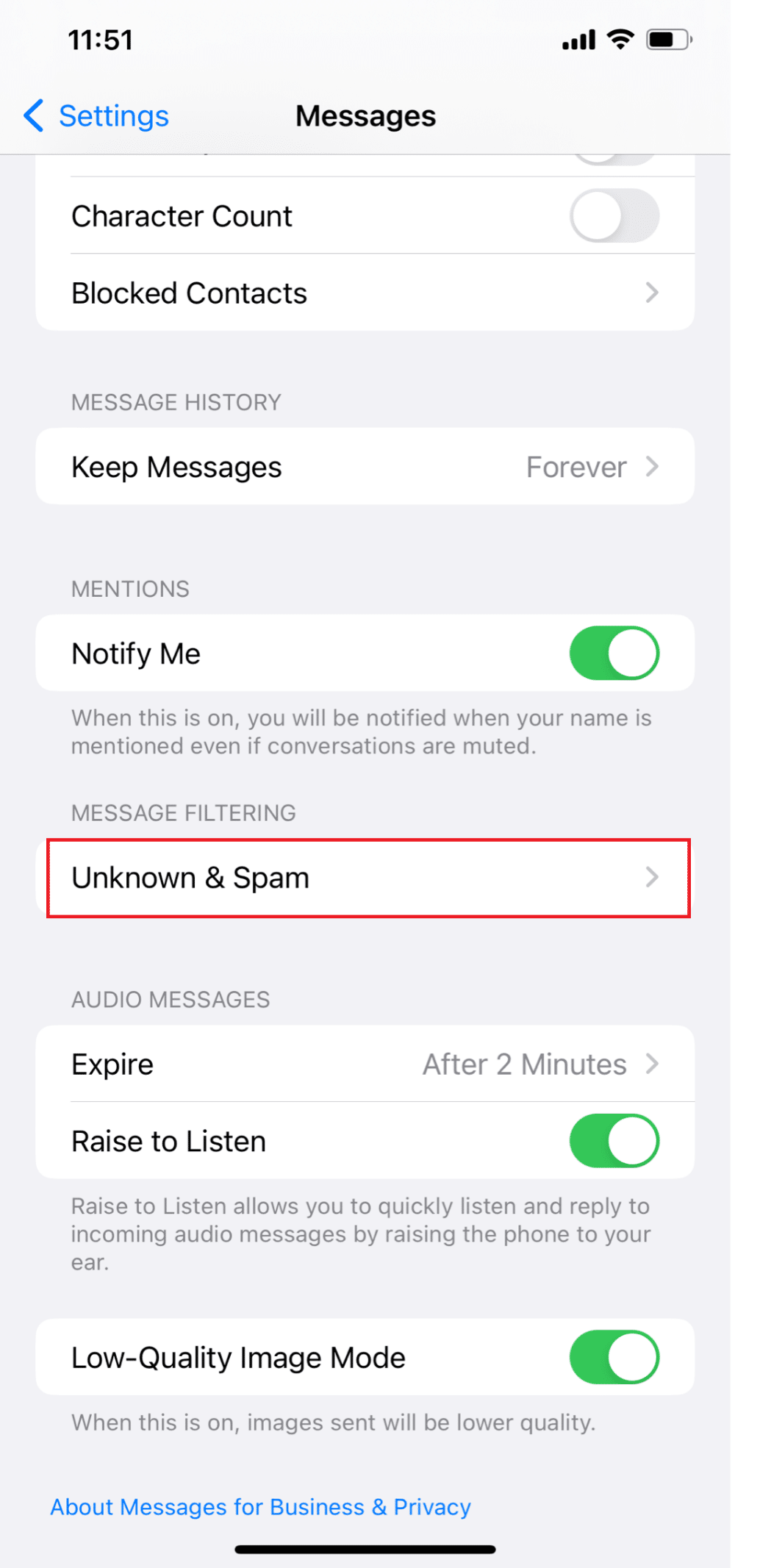 Maintenant, faites défiler vers le bas et appuyez sur Inconnu et spam | Le son des notifications iOS 15 ne fonctionne pas