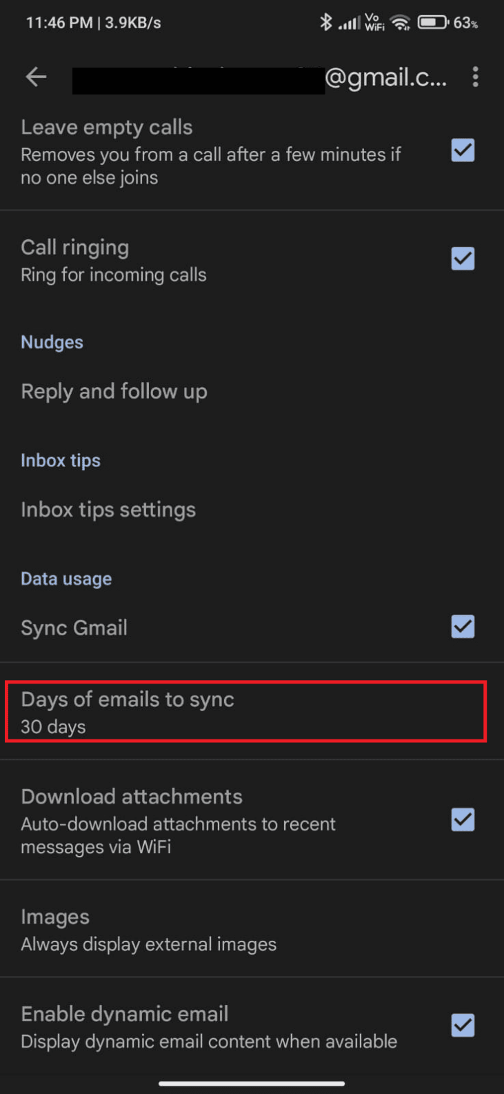 Now, scroll down the screen and tap on the Days of email to sync option.