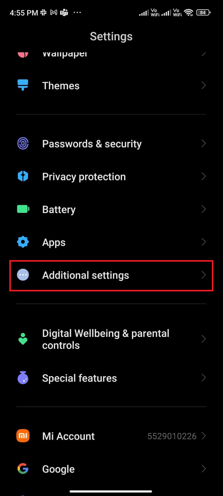Now, scroll down the Settings screen and tap Additional settings