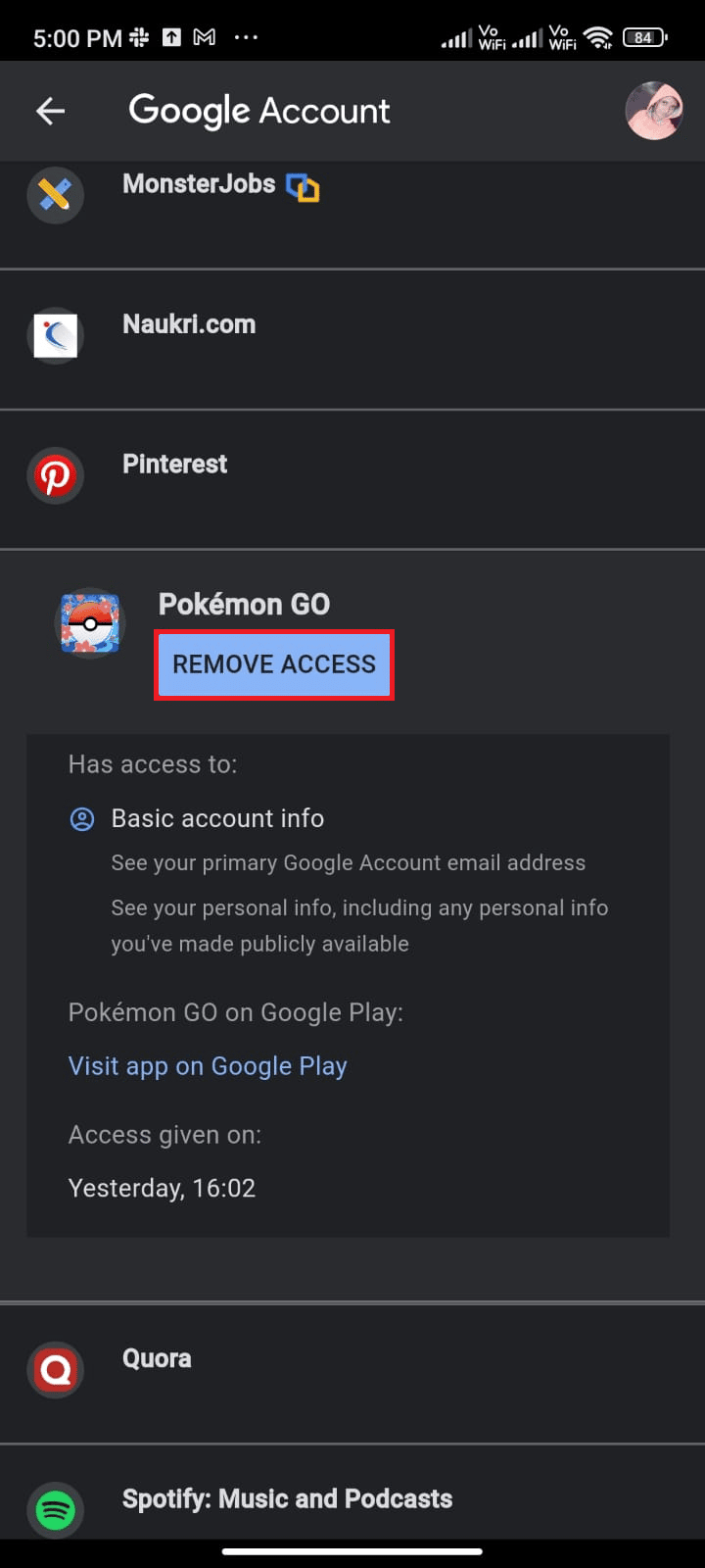 Теперь прокрутите вниз до следующего экрана и нажмите «УДАЛИТЬ ДОСТУП», соответствующий Pokémon Go. Исправлена ​​ошибка, из-за которой не работала синхронизация приключений Pokémon Go.