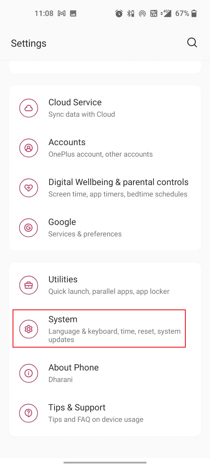 Now, tap the System option in the Settings window.