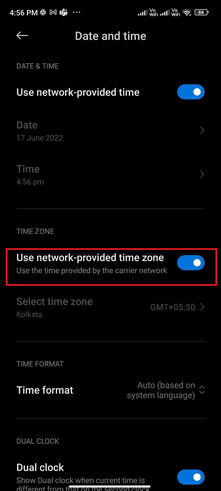 Toggle on Use network-provided time zone option