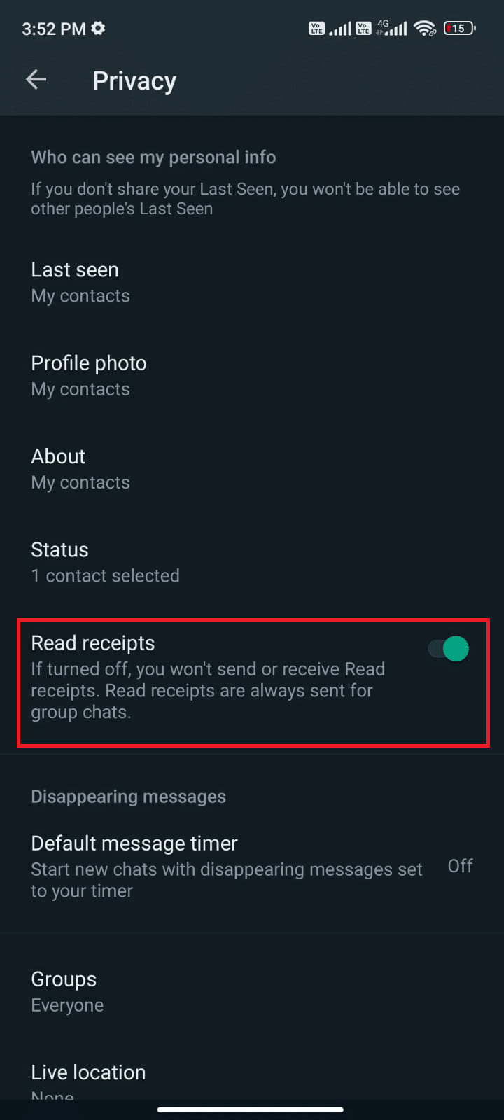 turn on the toggle next to the Read receipts option. Fix WhatsApp Last Seen Not Showing
