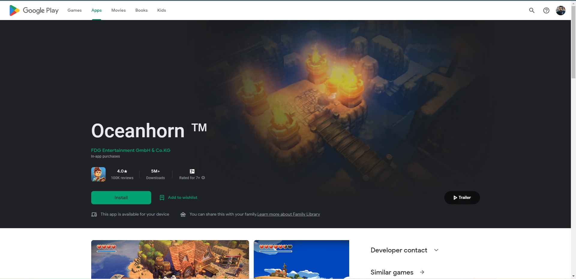 Oceanhorn Play Store webpage