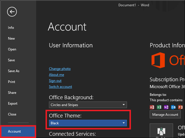 Office Theme option under Account.