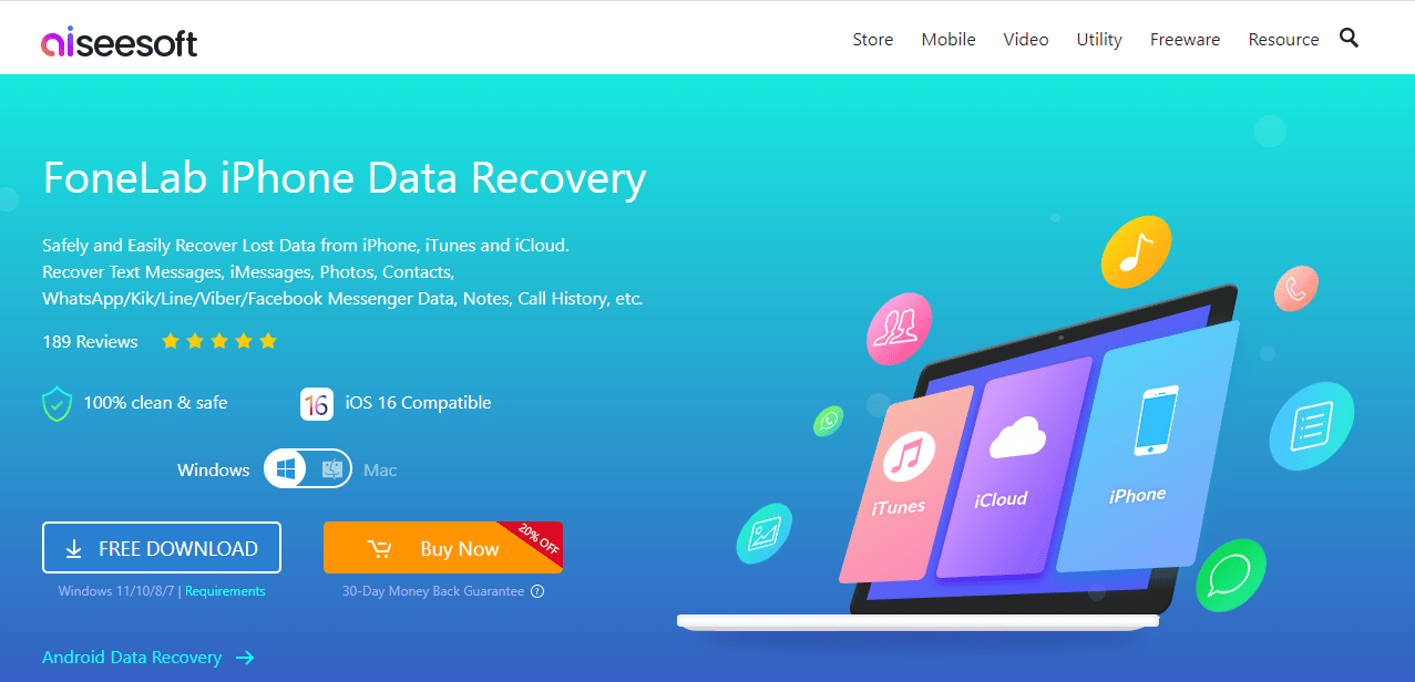 الموقع الرسمي لبرنامج Aiseesoft Fonelab iPhone Data Recovery. أفضل 20 تطبيقًا لاستعادة الصور لأجهزة iPhone