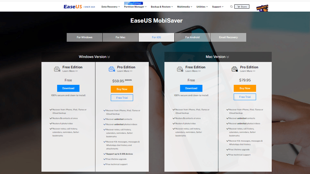 Официальный сайт EaseUs MobiSaver