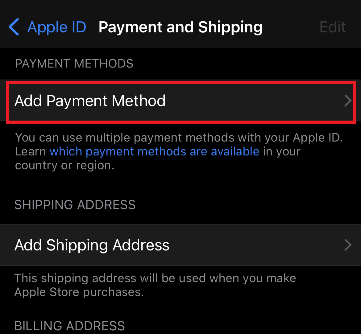 Open Apple ID in settings, go to payment and shipping to add payment method.