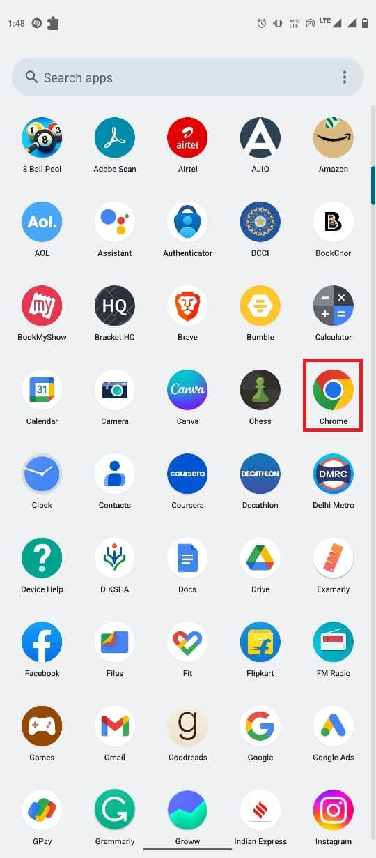 Otwórz przeglądarkę Google Chrome z menu telefonu