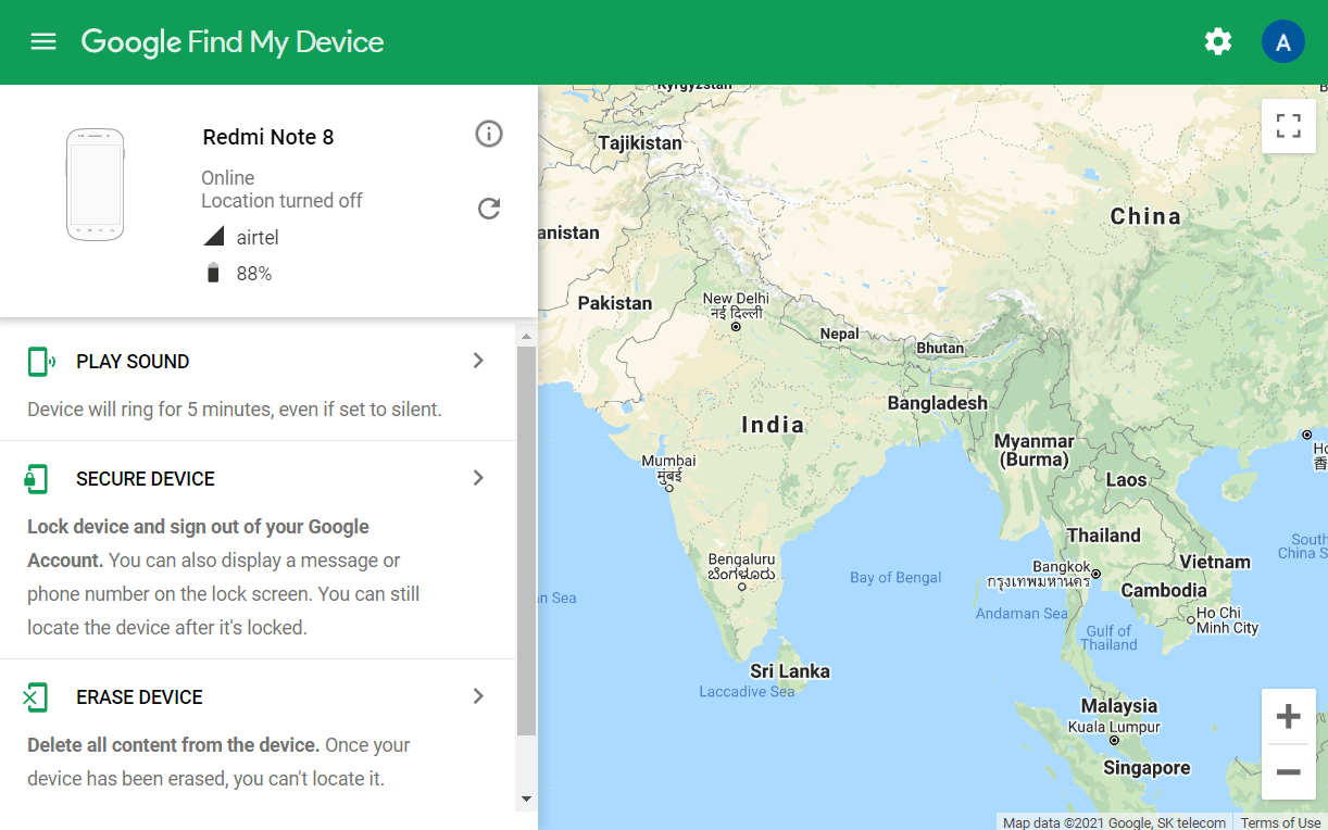 open the Google Find My Device on your computer and select your device