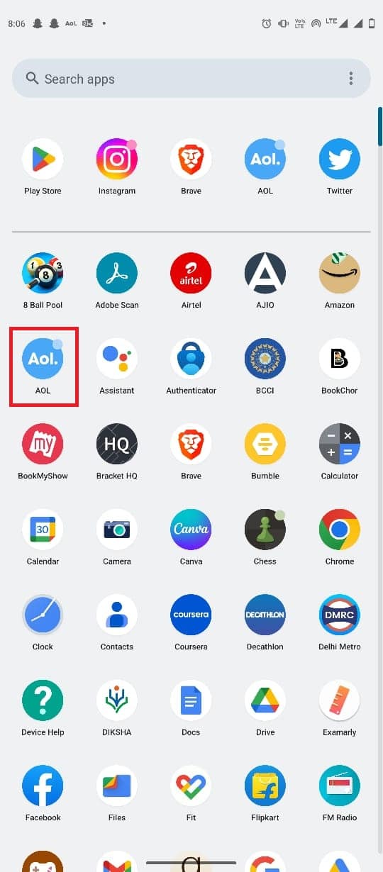 Open the AOL app from the phone menu