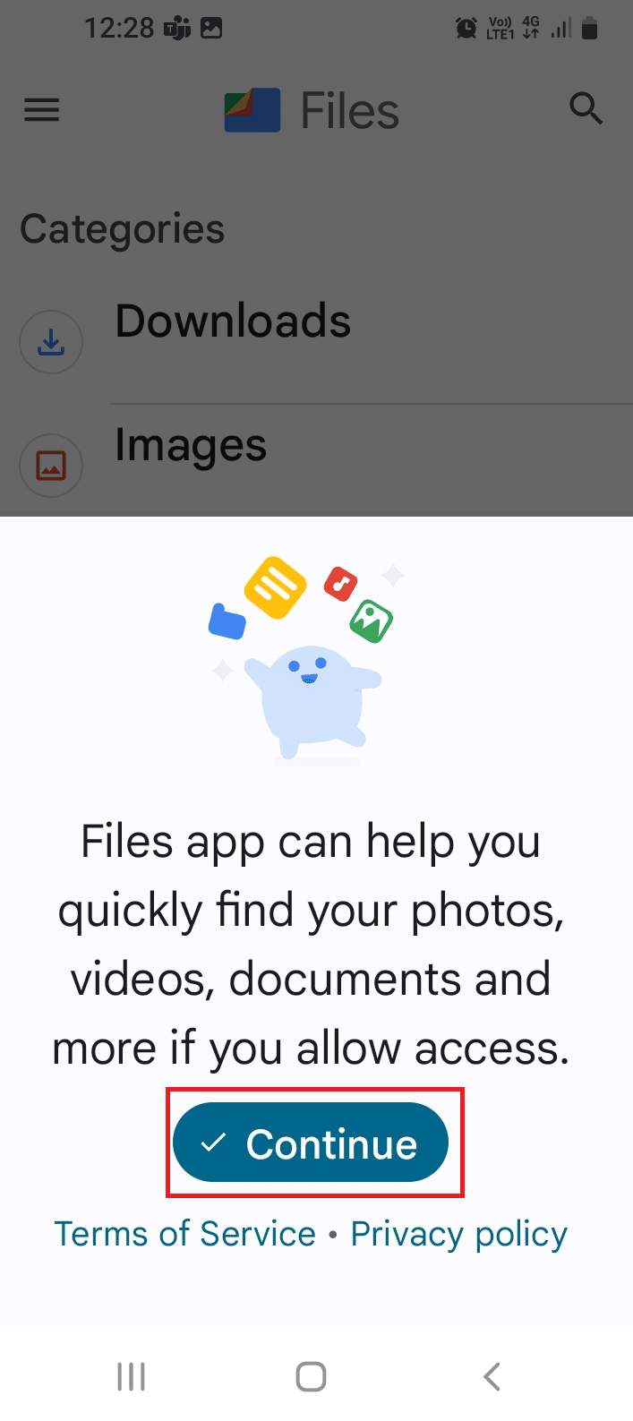 Open the Files by Google app and tap on the Continue button