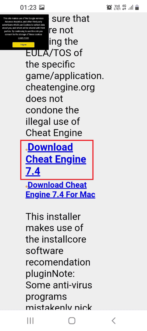 Open the official website of the Cheat Engine app and tap on the Download Cheat Engine 7.4 link