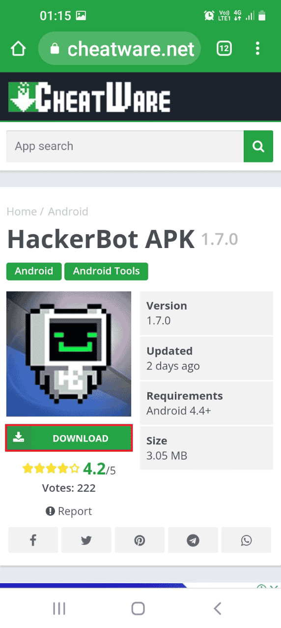 Abra el sitio web oficial de HackerBot APK 1.7.0 y toque el botón DESCARGAR. Cómo hackear cualquier juego en Android