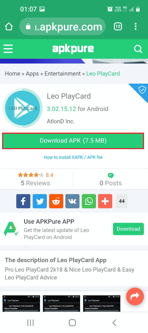 Откройте официальный сайт приложения LeoPlay Card и нажмите кнопку «Скачать APK 7.5 МБ».