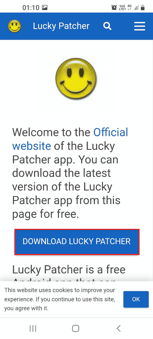 Abra el sitio web oficial de la aplicación Lucky Patcher y toque el botón DESCARGAR LUCKY PATCHER